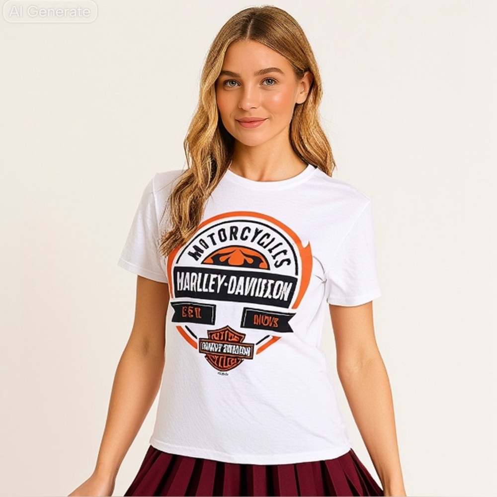 Harley Davidson‎ Motorcycles T-Shirt Womens Size Small White Sheild Skull GUC